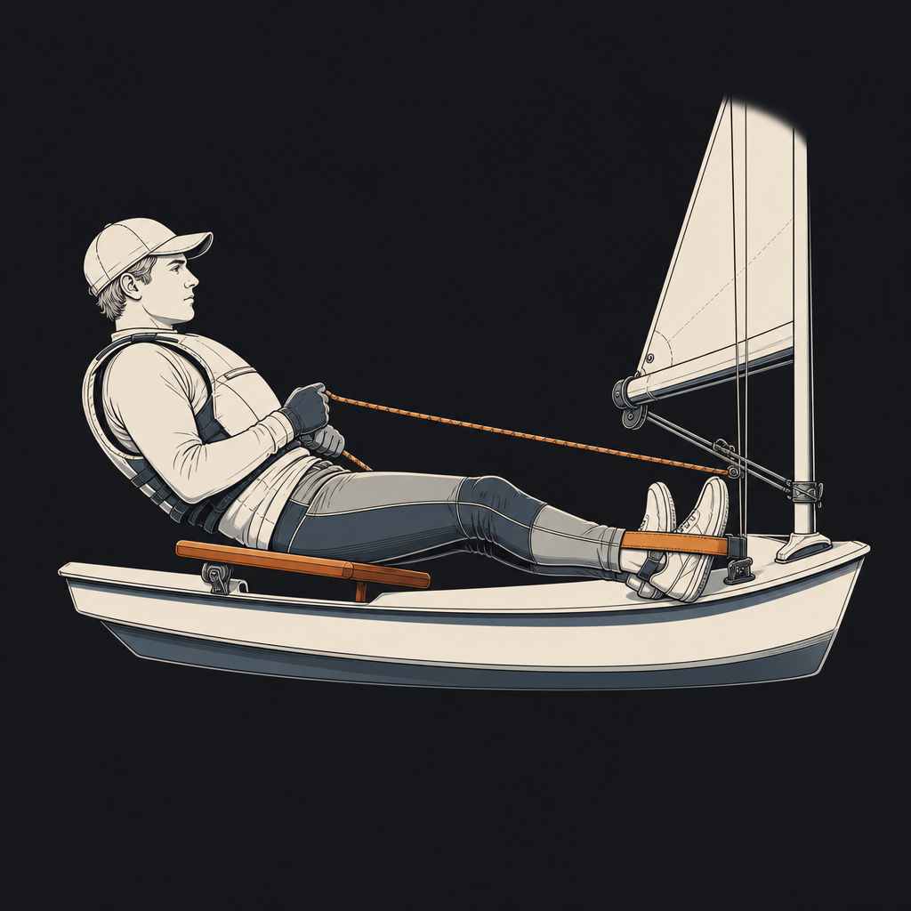 Dinghy sailor leaning back on a land-based hiking bench with feet secured beneath the hiking strap and a rope held for balance.